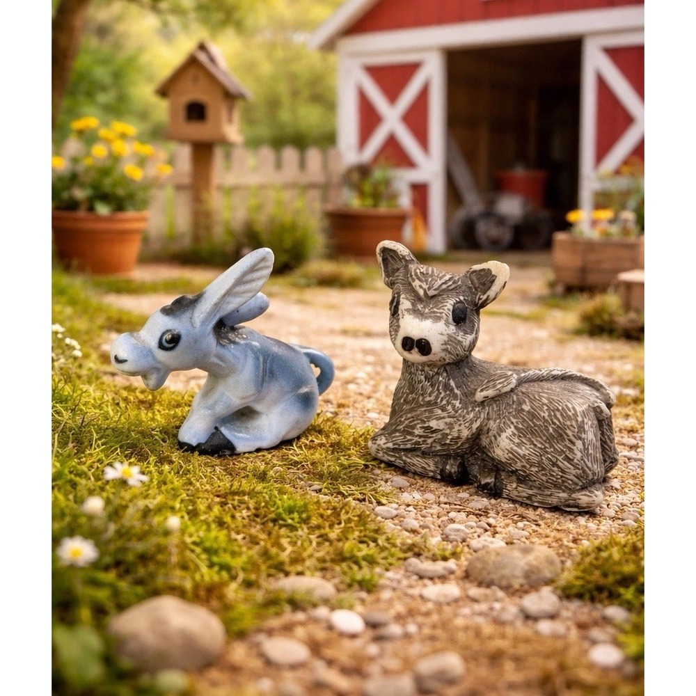 Mini Donkey & Calf Figurines Set Ceramic Resin Farm Animal Decor 2pc Bundle